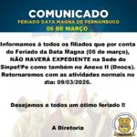 COMUNICADO DE EXPEDIENTE – FERIADO DATA MAGNA 06 DE MARÇO